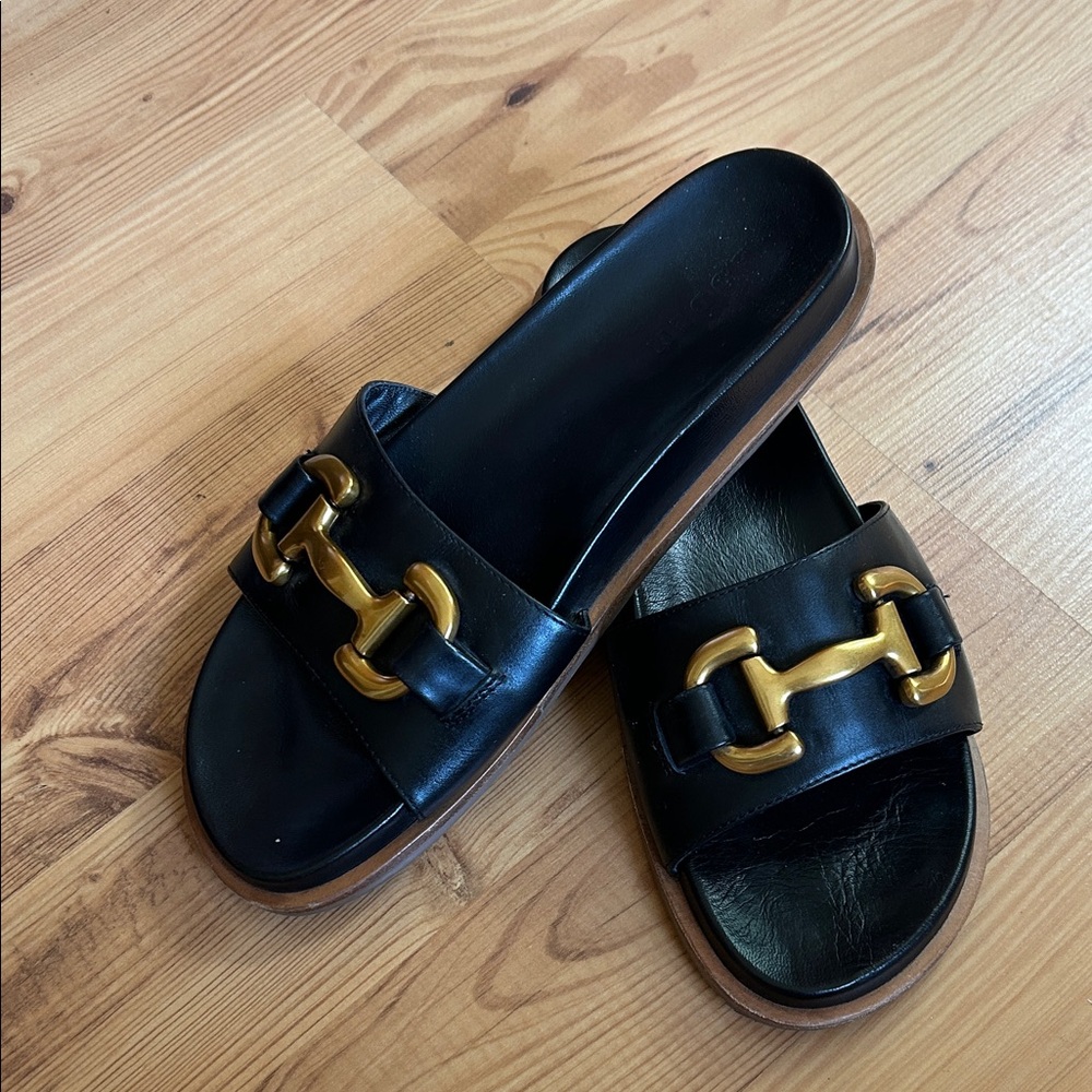 Boden Black Leather Slide Sandals with Gold Hardware